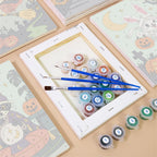 Numbered paint pots and brushes on a pre-stretched Woodland Costume Party mini canvas