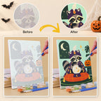 Before and after of a Woodland Costume Party mini paint by numbers canvas