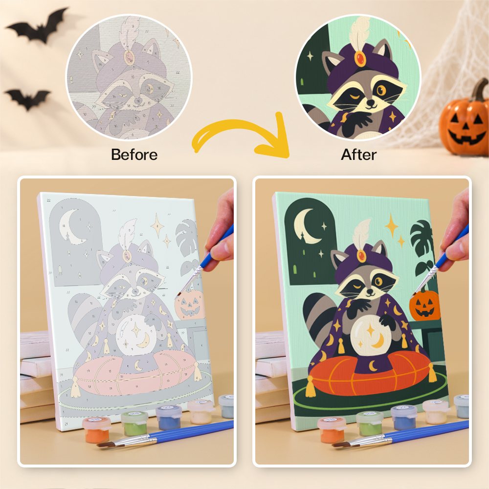 Before and after of a Woodland Costume Party mini paint by numbers canvas