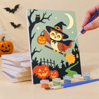 Painting a Woodland Costume Party mini canvas propped up beside numbered acrylic paints