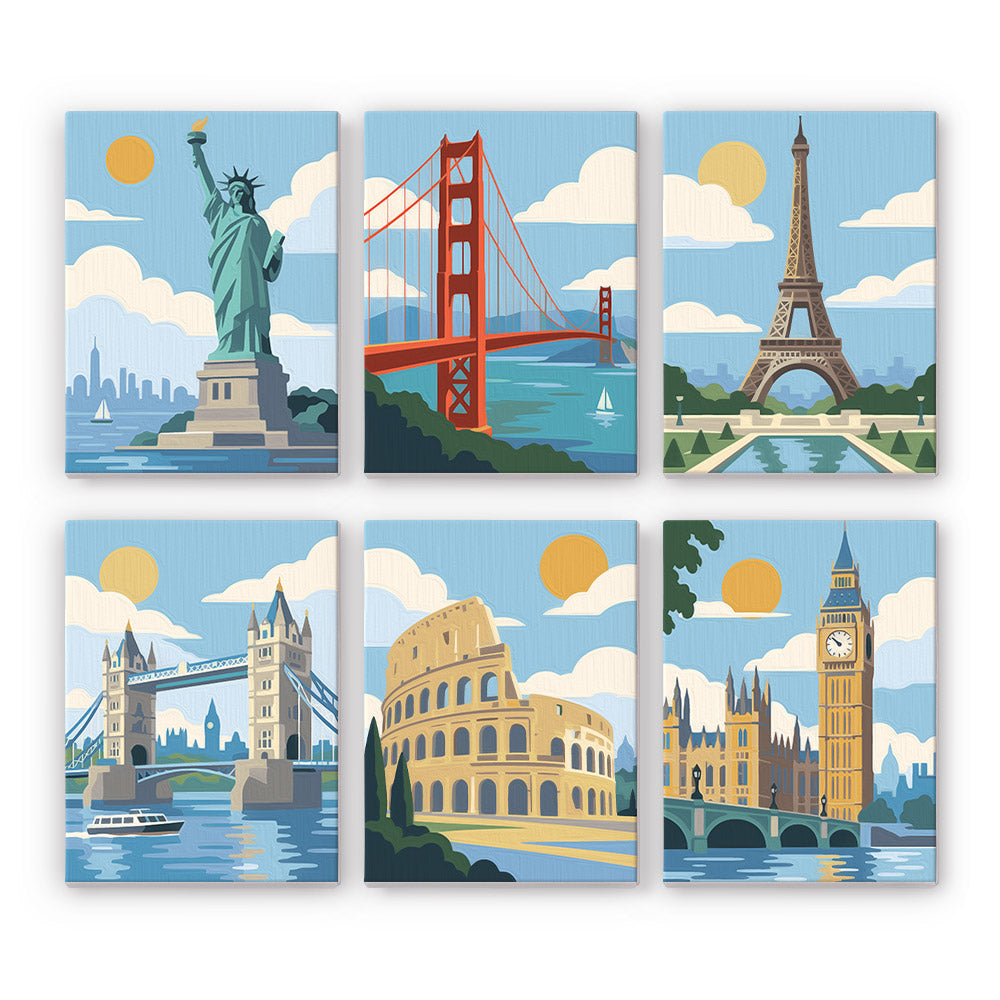World Landmarks mini paint by numbers set: six designs of the Statue of Liberty, Golden Gate, Eiffel Tower, Tower Bridge, Colosseum and Big Ben
