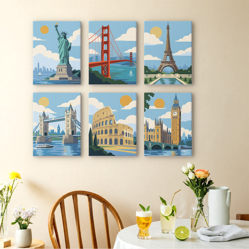 World Landmarks mini paintings displayed as a gallery wall in a sunny kitchen