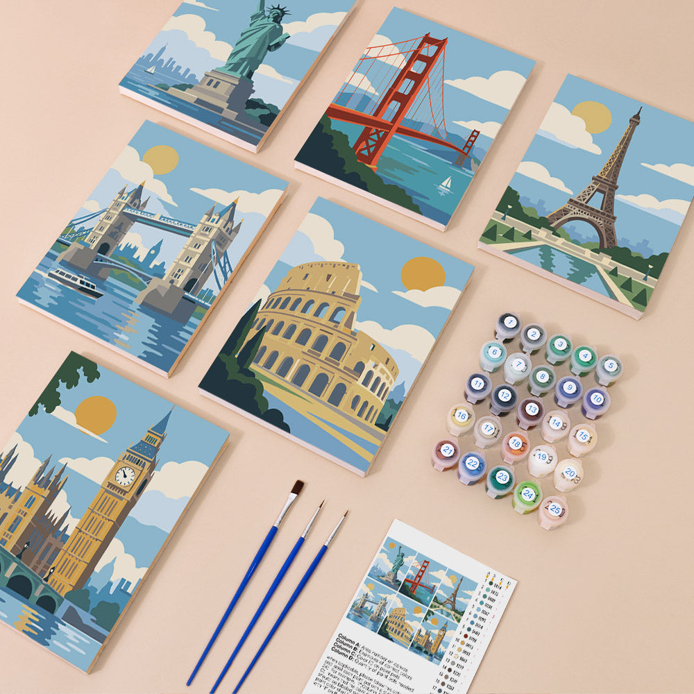 World Landmarks mini paint by numbers kit with six numbered canvases, acrylic paints, brushes and layout