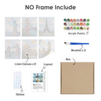 What's included without a frame: six rolled World Landmarks mini canvases, acrylic paints, three brushes and layout