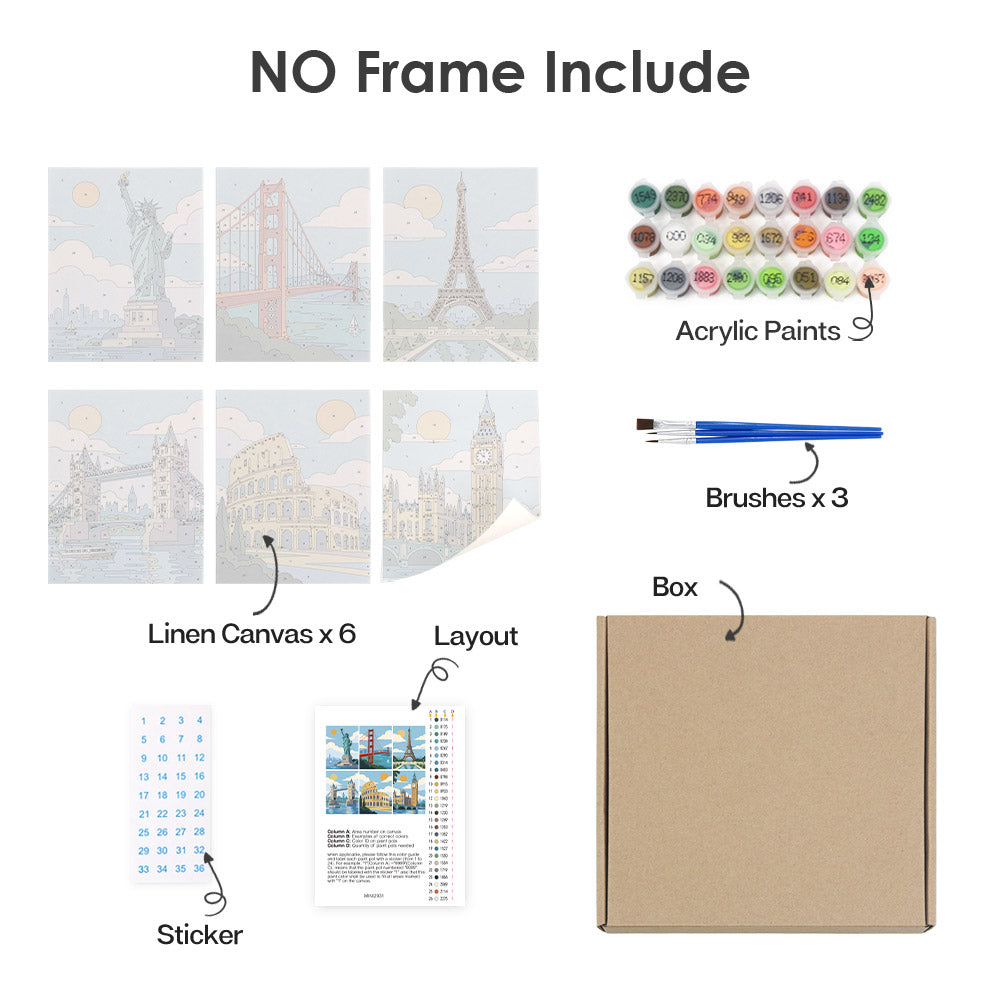 What's included without a frame: six rolled World Landmarks mini canvases, acrylic paints, three brushes and layout