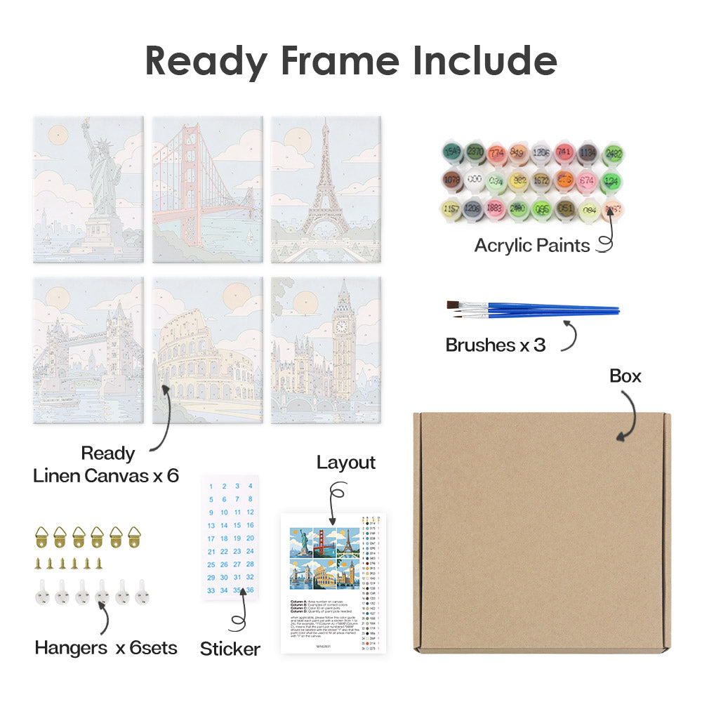 What's included pre-stretched on frame: six framed World Landmarks mini canvases, paints, three brushes, hangers and layout