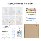 What's included pre-stretched on frame: six framed World Landmarks mini canvases, paints, three brushes, hangers and layout