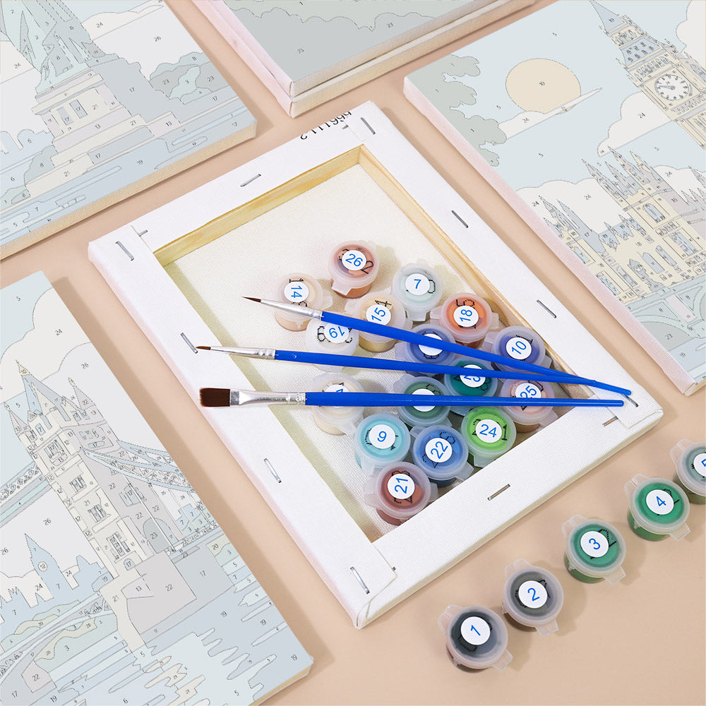 Numbered paint pots and brushes on a pre-stretched World Landmarks mini canvas