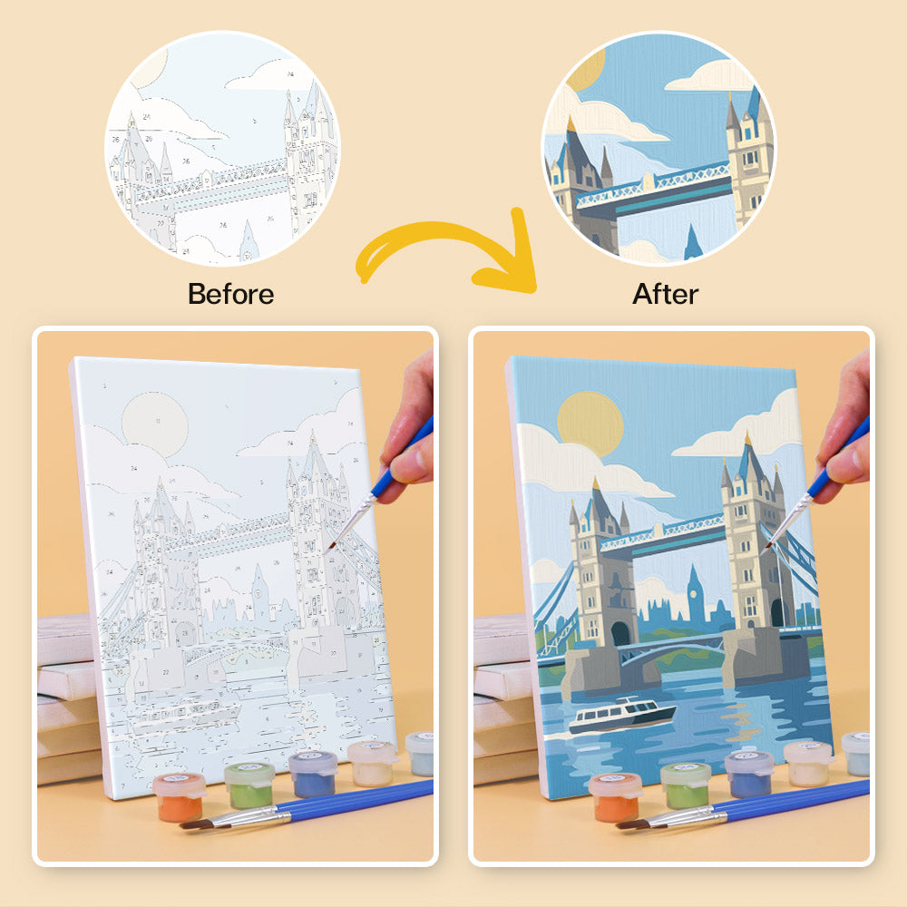 Before and after of a World Landmarks mini paint by numbers canvas
