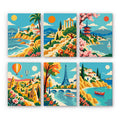 World Wanderer mini paint by numbers set: six travel scenes of coasts, a Greek temple, Mount Fuji, balloons, the Eiffel Tower and a cove