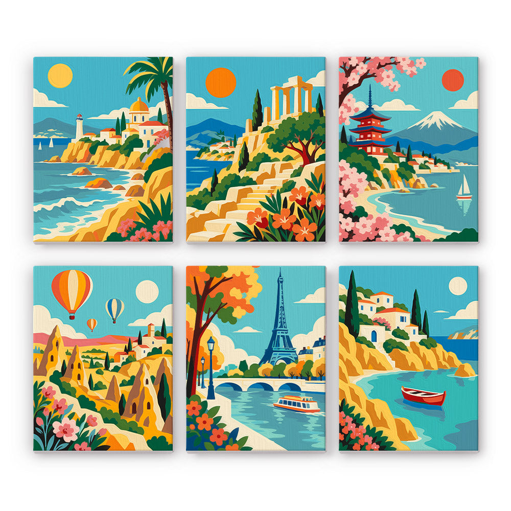 World Wanderer mini paint by numbers set: six travel scenes of coasts, a Greek temple, Mount Fuji, balloons, the Eiffel Tower and a cove