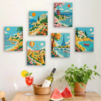 Six finished World Wanderer mini paintings hung on a wall above a table