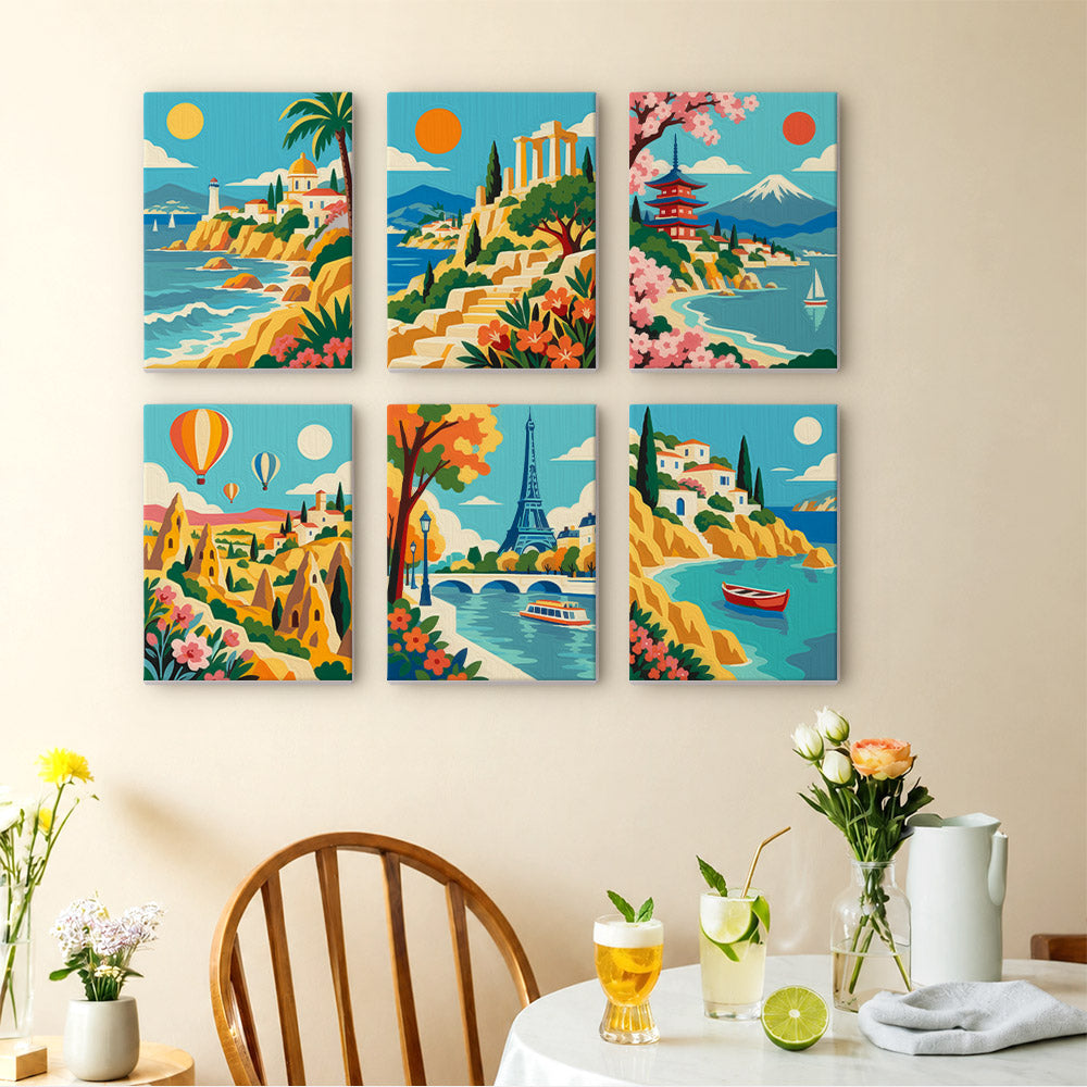 World Wanderer mini paintings displayed as a gallery wall in a sunny kitchen