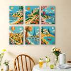 World Wanderer mini paintings displayed as a gallery wall in a sunny kitchen
