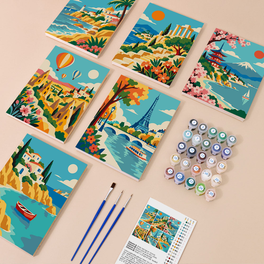 World Wanderer mini paint by numbers kit with six numbered canvases, acrylic paints, brushes and layout