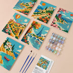 World Wanderer mini paint by numbers kit with six numbered canvases, acrylic paints, brushes and layout