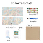 What's included without a frame: six rolled World Wanderer mini canvases, acrylic paints, three brushes and layout
