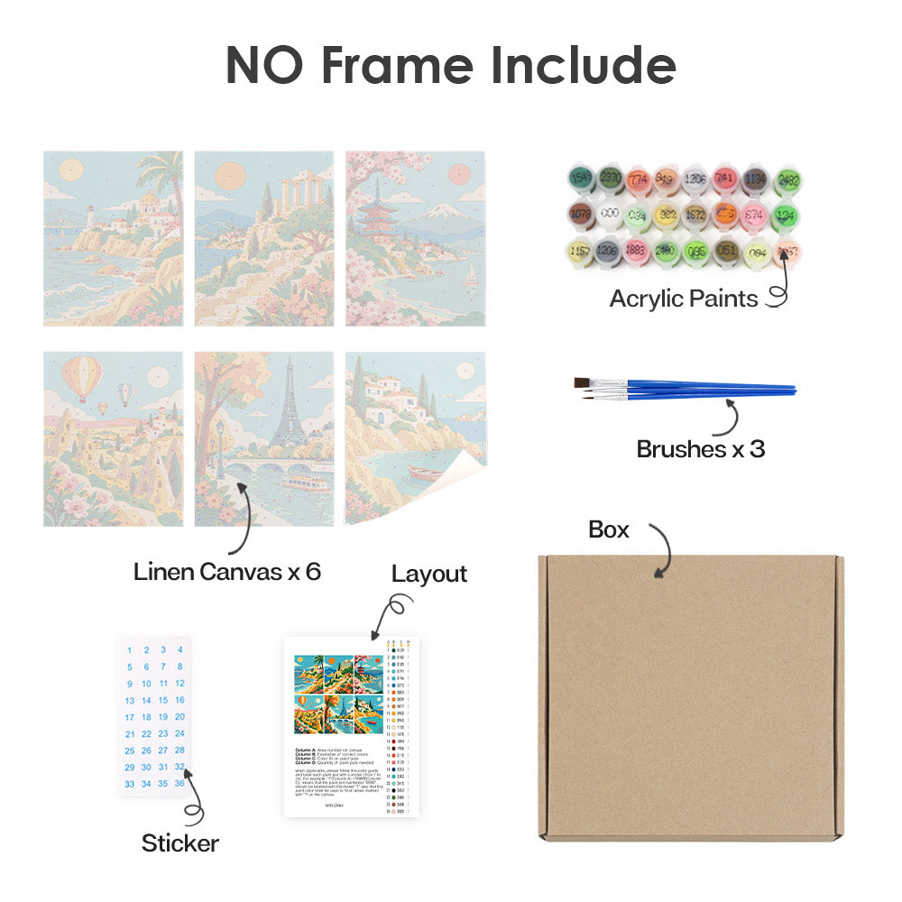 What's included without a frame: six rolled World Wanderer mini canvases, acrylic paints, three brushes and layout