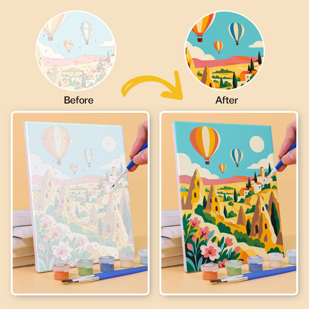 Before and after of a World Wanderer mini paint by numbers canvas