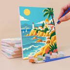 Painting a World Wanderer mini canvas propped up beside numbered acrylic paints