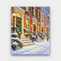 Wreaths on Every Door paint by numbers kit of a snowy street of brick townhouses with wreaths, garlands and glowing street lamps