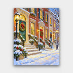 Wreaths on Every Door paint by numbers kit of a snowy street of brick townhouses with wreaths, garlands and glowing street lamps