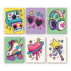 Y2K Doodles mini paint by numbers set: six retro pop doodles, including an instant camera, heart sunglasses, headphones, a roller skate, a dripping heart and a star wand