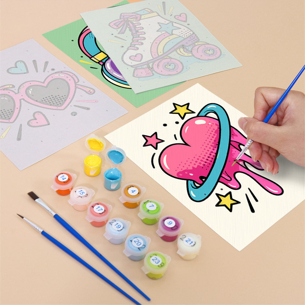 Filling in a Y2K Doodles mini canvas with numbered acrylic paints and a fine brush