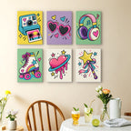 Y2K Doodles mini paintings displayed as a gallery wall in a sunny kitchen