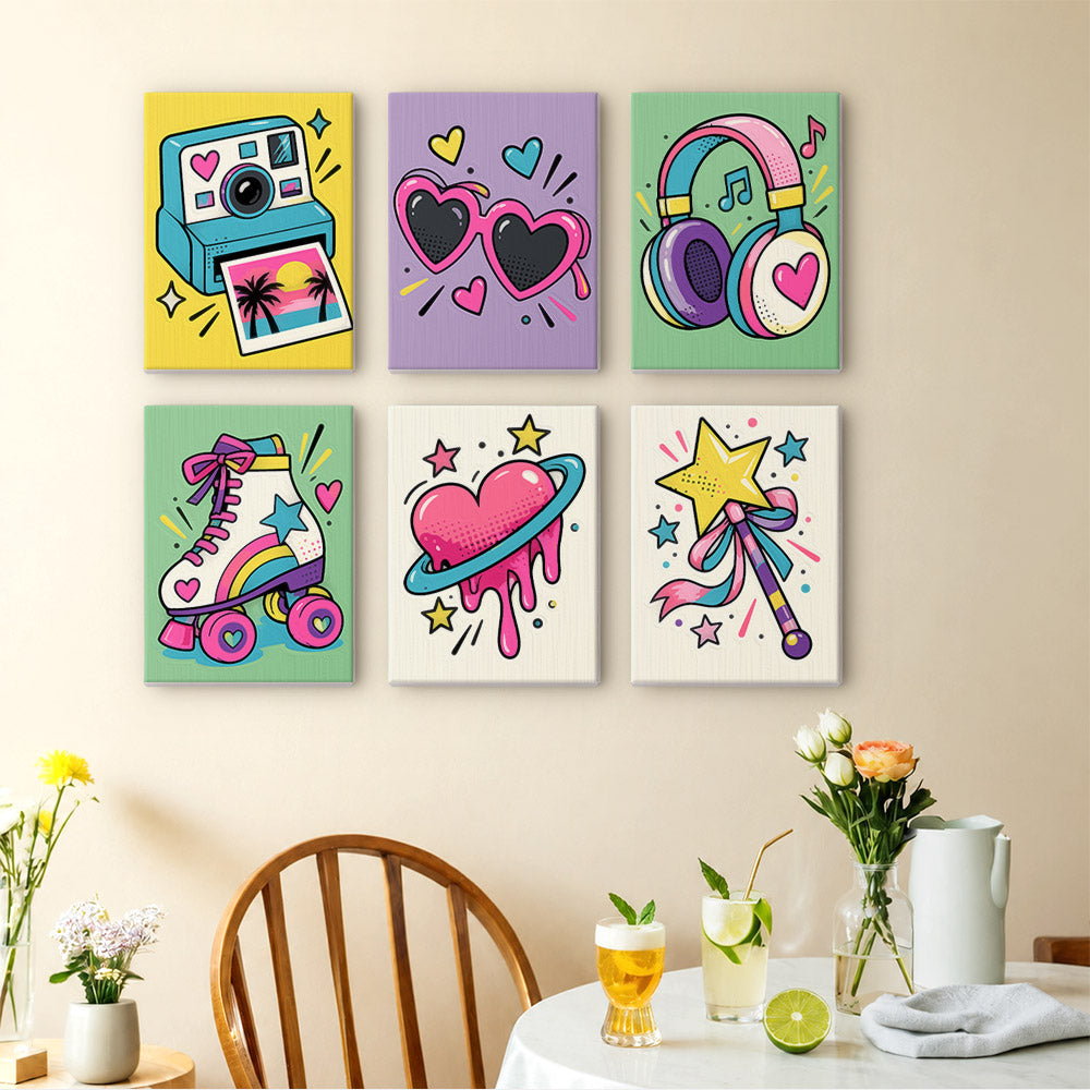 Y2K Doodles mini paintings displayed as a gallery wall in a sunny kitchen