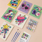 Y2K Doodles mini paint by numbers kit with six numbered canvases, acrylic paints, brushes and layout