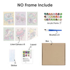 What's included without a frame: six rolled Y2K Doodles mini canvases, acrylic paints, three brushes and layout