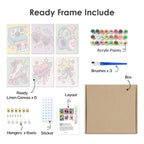 What's included pre-stretched on frame: six framed Y2K Doodles mini canvases, paints, three brushes, hangers and layout