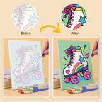 Before and after of a Y2K Doodles mini paint by numbers canvas