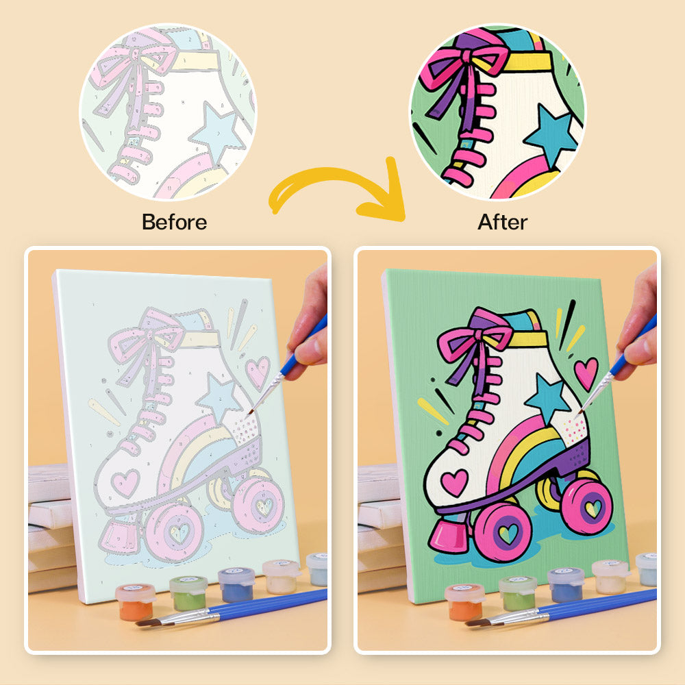 Before and after of a Y2K Doodles mini paint by numbers canvas