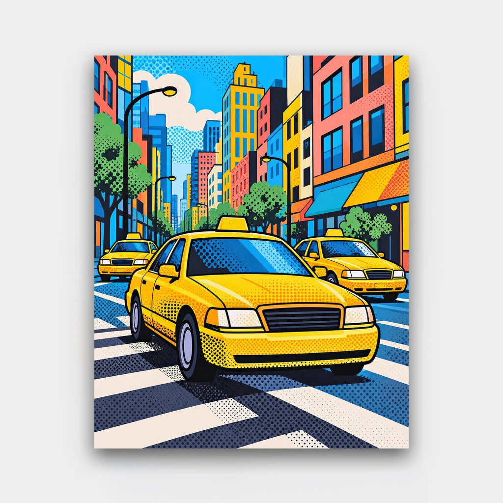 Yellow Cab Crossing paint by numbers kit of yellow taxis at a crosswalk on a colorful city street in pop art style
