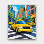 Yellow Cab Crossing paint by numbers kit of yellow taxis at a crosswalk on a colorful city street in pop art style