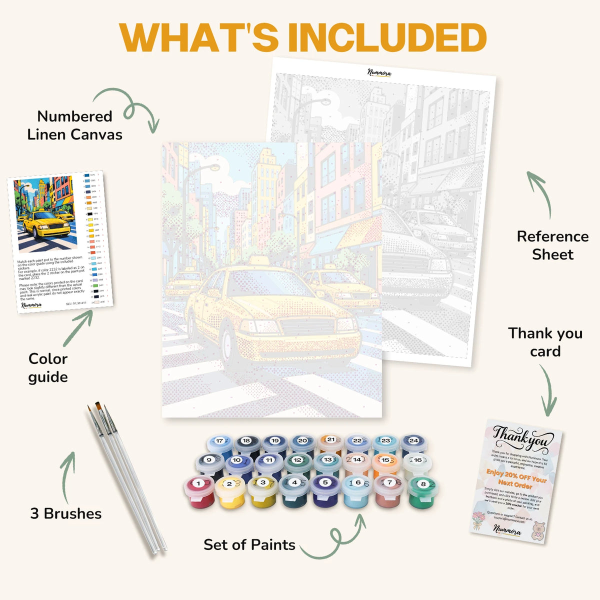 What's included in the Yellow Cab Crossing paint by numbers kit: numbered linen canvas, reference sheet, color guide, 24 acrylic paints, 3 brushes and thank you card