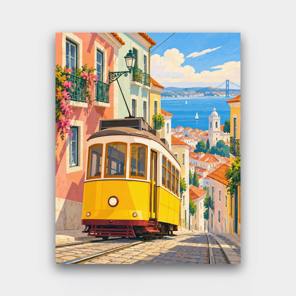 Yellow Tram on the Hill paint by numbers kit of a yellow vintage tram climbing a steep street of pastel houses above a harbor