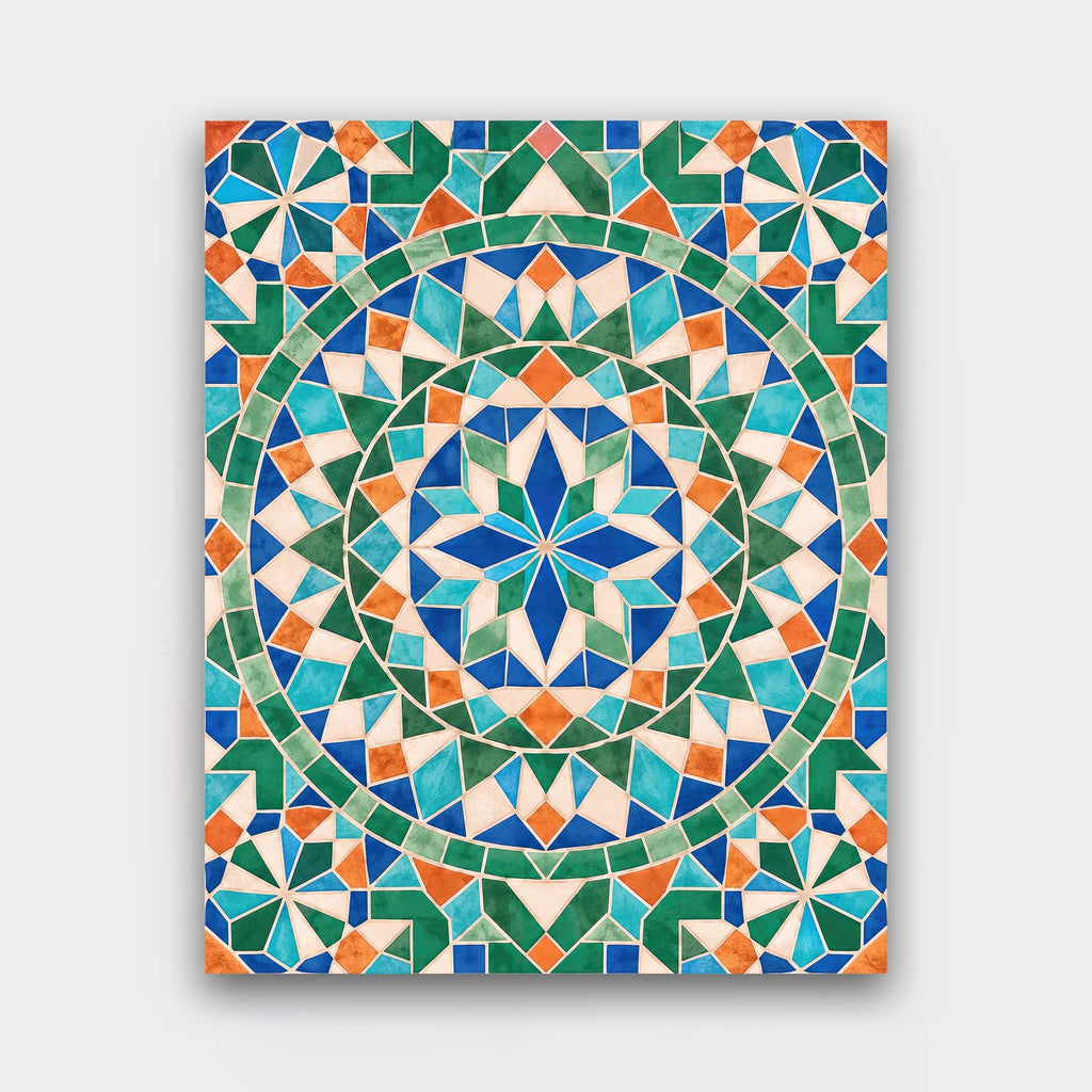 Zellige Mandala paint by numbers kit of a Moroccan zellige tile mandala in green, blue, white and terracotta