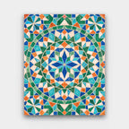 Zellige Mandala paint by numbers kit of a Moroccan zellige tile mandala in green, blue, white and terracotta