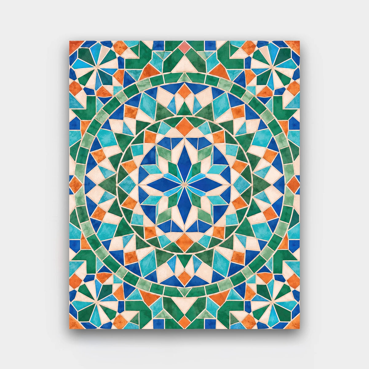 Zellige Mandala paint by numbers kit of a Moroccan zellige tile mandala in green, blue, white and terracotta