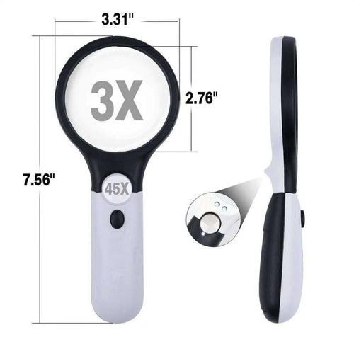 LED magnifying glass for paint by numbers showing the large 3X lens and small 45X lens