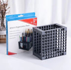 Paint by numbers brush rack filled with brushes and tools, neatly organized on a desk