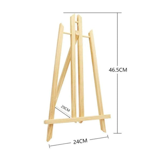 Lightweight wooden easel for paint by numbers shown from the side with its support leg