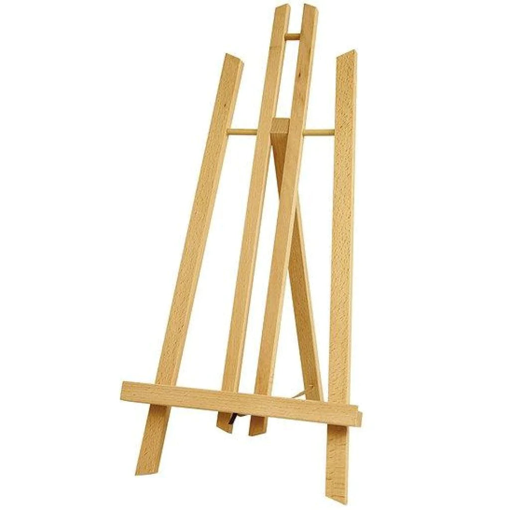 Wood easel for paint by numbers detail showing the natural pine grain and canvas ledge
