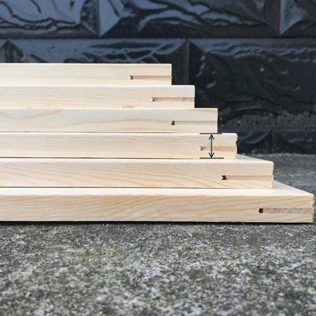 Close-up of the corner joint on a pine wood frame kit for paint by numbers canvases